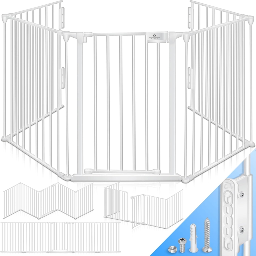 KESSER® Kaminschutzgitter mit Tür 305 cm Metall Ofenschutzgitter Laufgitter Laufstall Absperrgitter Tierschutzgitter Türschutzgitter für Kinder-Sicherung, 5-teilig Elemente (je 60x75 cm) Weiß Bild 1