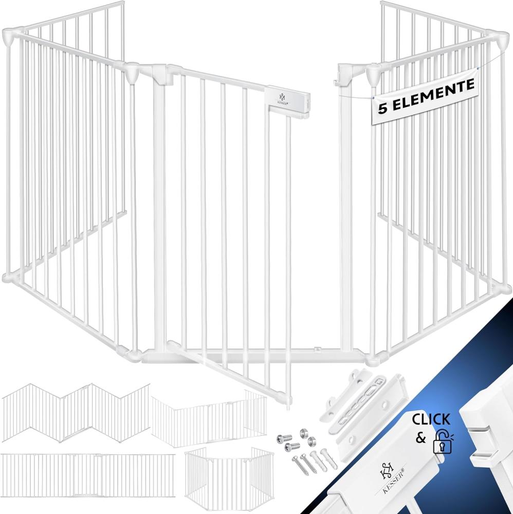 KESSER® Kaminschutzgitter mit Tür 305 cm Metall Ofenschutzgitter Laufgitter Laufstall Absperrgitter Tierschutzgitter Türschutzgitter für Kinder-Sicherung, 5-teilig Elemente (je 60 x 75 cm) Weiß Bild 1