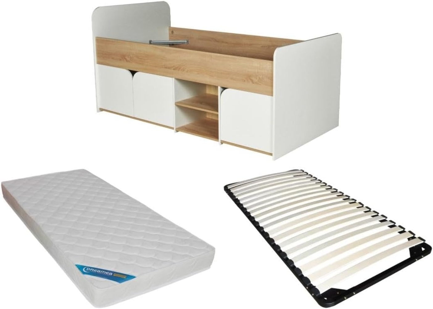 Vente-unique - Bett 90 x 190 cm mit Stauraum - Farbe: Natur und Weiß + Lattenrost + Matratze - LOSTYA Bild 1