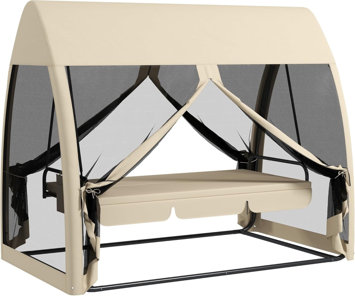 Outsunny Hollywoodschaukel 2 in 1, mit Liegefunktion, Baldachin, Mückennetz, belast bis 300kg, 3-Sitzer, Bettfunktion, 3-Sitzer Gartenschaukel, 1 tlg, Schaukelbank, für Garten, Terrasse, 240 x 140 x 197 cm, Kaffee Bild 1