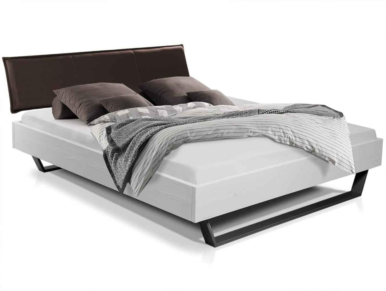 Möbel-Eins LUKY Kufenbett mit Polsterkopfteil, Material Massivholz, Fichte massiv, Kufen schwarz weiss 120 x 220 cm Kunstleder Braun Bild 1