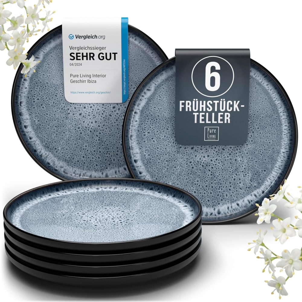 Steingut Frühstücksteller 6 Pers. Ibiza Hochwertiges Mediterranes TEST SEHR GUT Dessertteller Set - Kuchenteller spülmaschinen- und kratzfest - Kleine Teller, Salatteller Pure Living in Rauchblau Bild 1