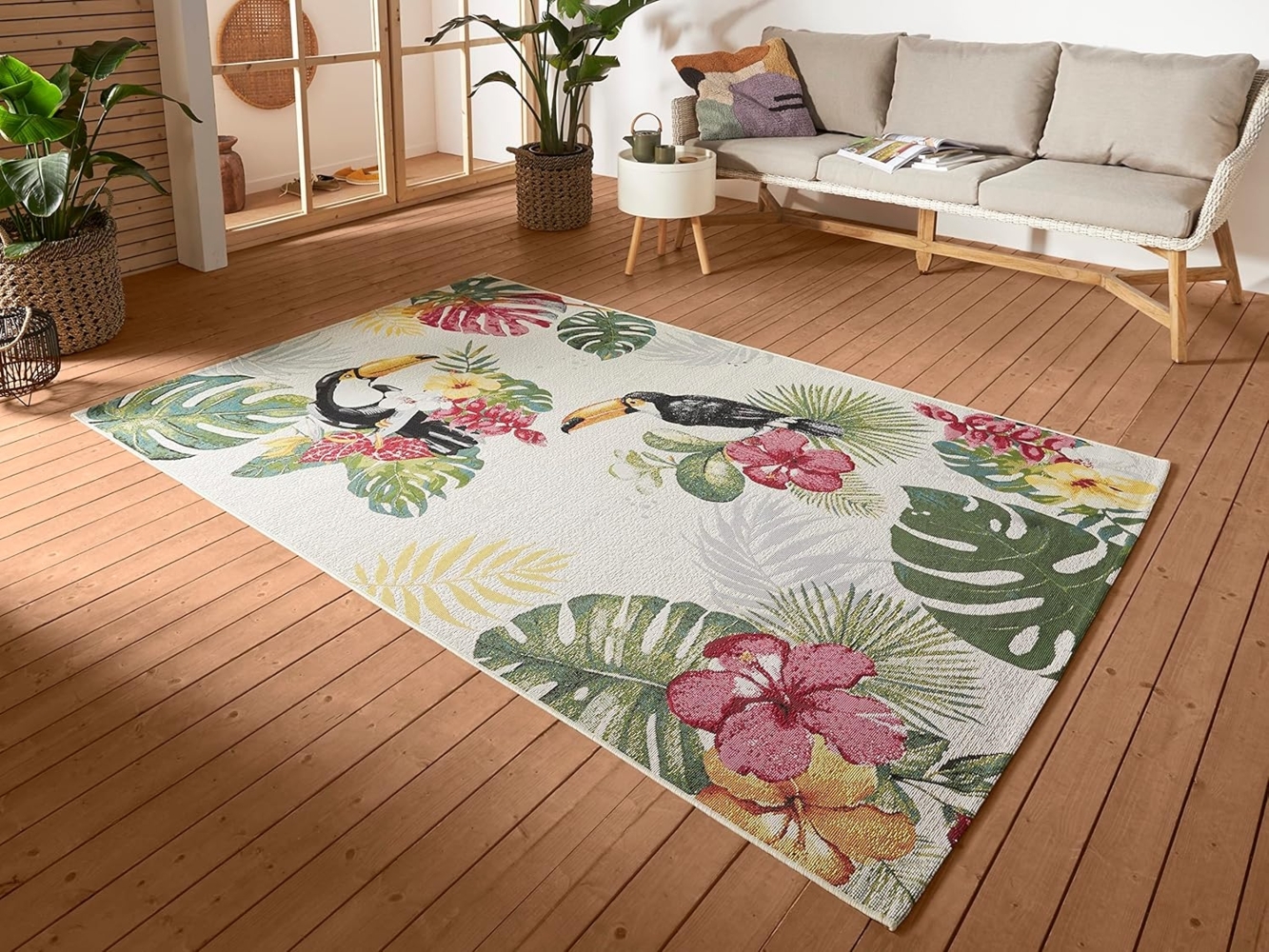 Hanse Home Tropical Dream In- & Outdoor Teppich – Flachgewebe Tropical Jungel Florales Palmen Design, ÖKO-TEX Wetterfest & UV-beständig für Balkon, Terrasse, Garten – Creme Multifarben, 120x180 cm Bild 1