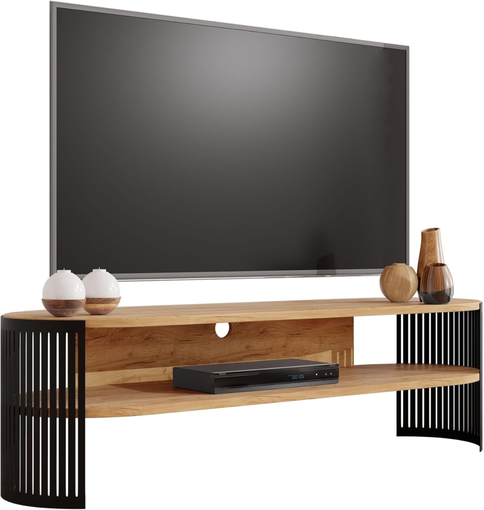 'Fahugin' TV-Lowboard Oval, Laminatplatte, Schwarz / Eiche Craft Gold, 140 x 40 x 40 cm Bild 1