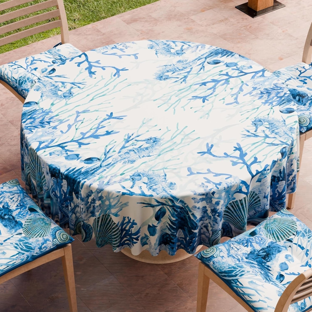 PETTI Artigiani Italiani - Fleckabweisende runde Tischdecke aus Mikrofaser (Durchmesser 140 cm), Küchentischabdeckung für runde Tische mit blauem Korallendesign, 100% Made in Italy Bild 1