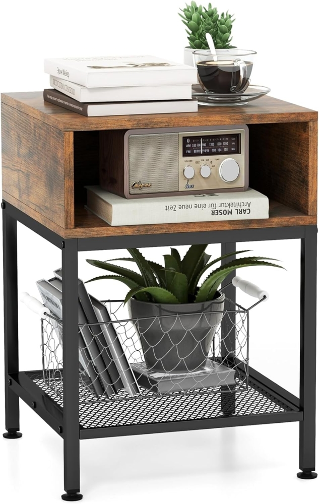 COSTWAY Beistelltisch mit Ablagefach und Gitterablage, Nachttisch mit Metallrahmen und verstellbaren Fußpolstern, Sofatisch für Schlafzimmer, Wohnzimmer, Industrie-Design, 40 x 40 x 57,5 cm Bild 1