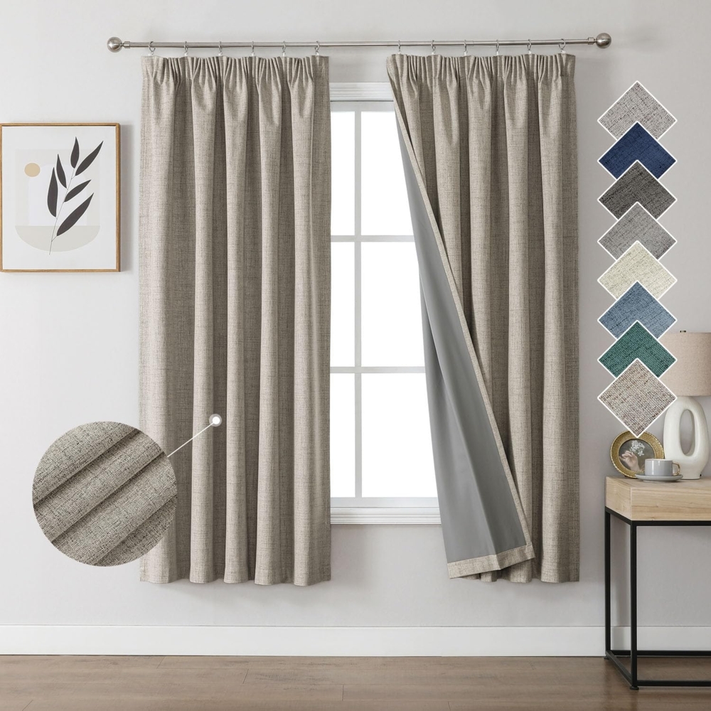 Joydeco 100% Verdunkelungsvorhänge Leinen Gardinen mit Kräuselband Thermovorhang Kälteschutz Blickdicht Schallschutz Ideal für Wohnzimmer, passt zu Schienensystemen Leinen H137xB117cm 2er Set Bild 1