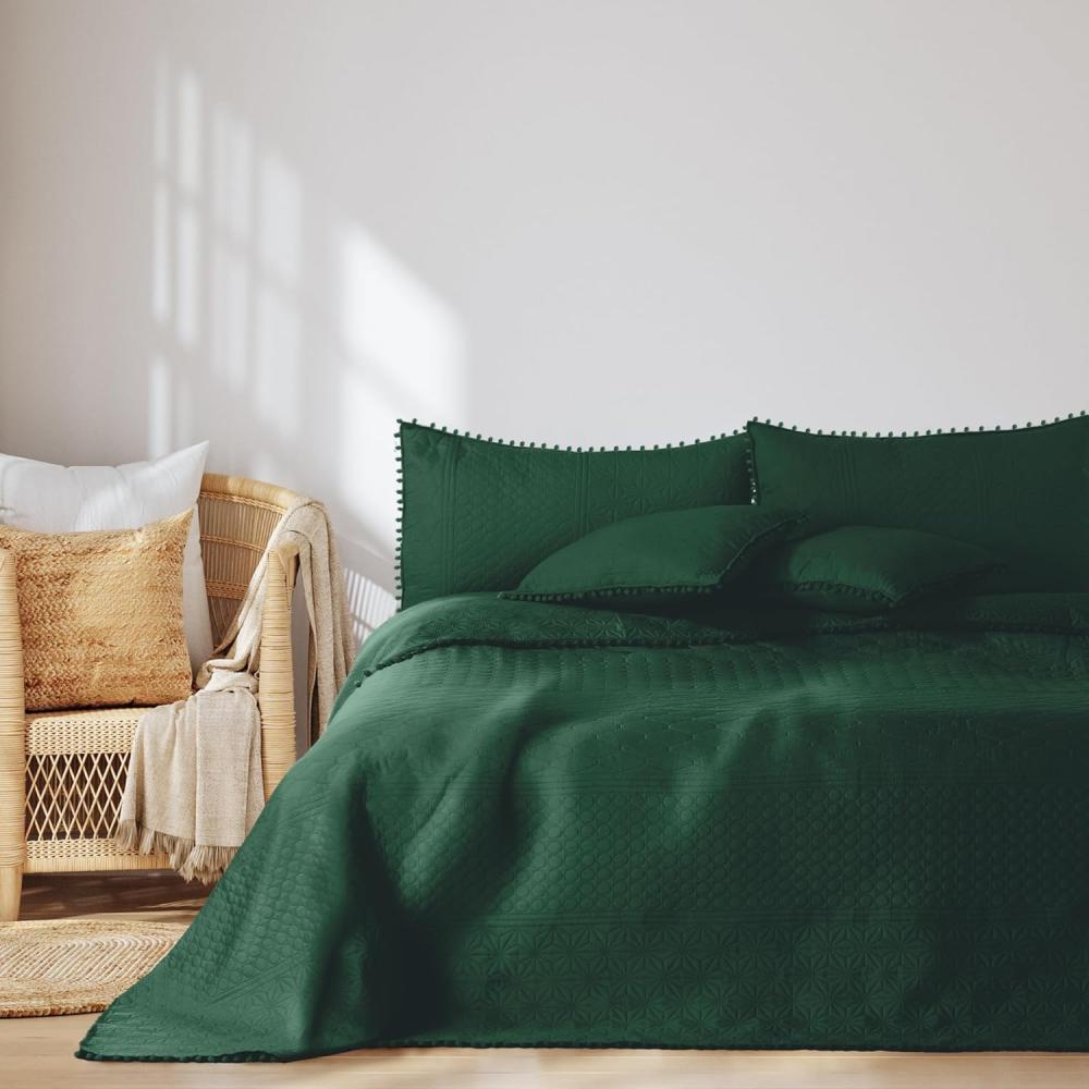 AmeliaHome Tagesdecke mit Pompons 260x280 cm Bettüberwürf zweiseitig Ultrasonic Steppung Polyester Meadore Dunkelgrün Bild 1