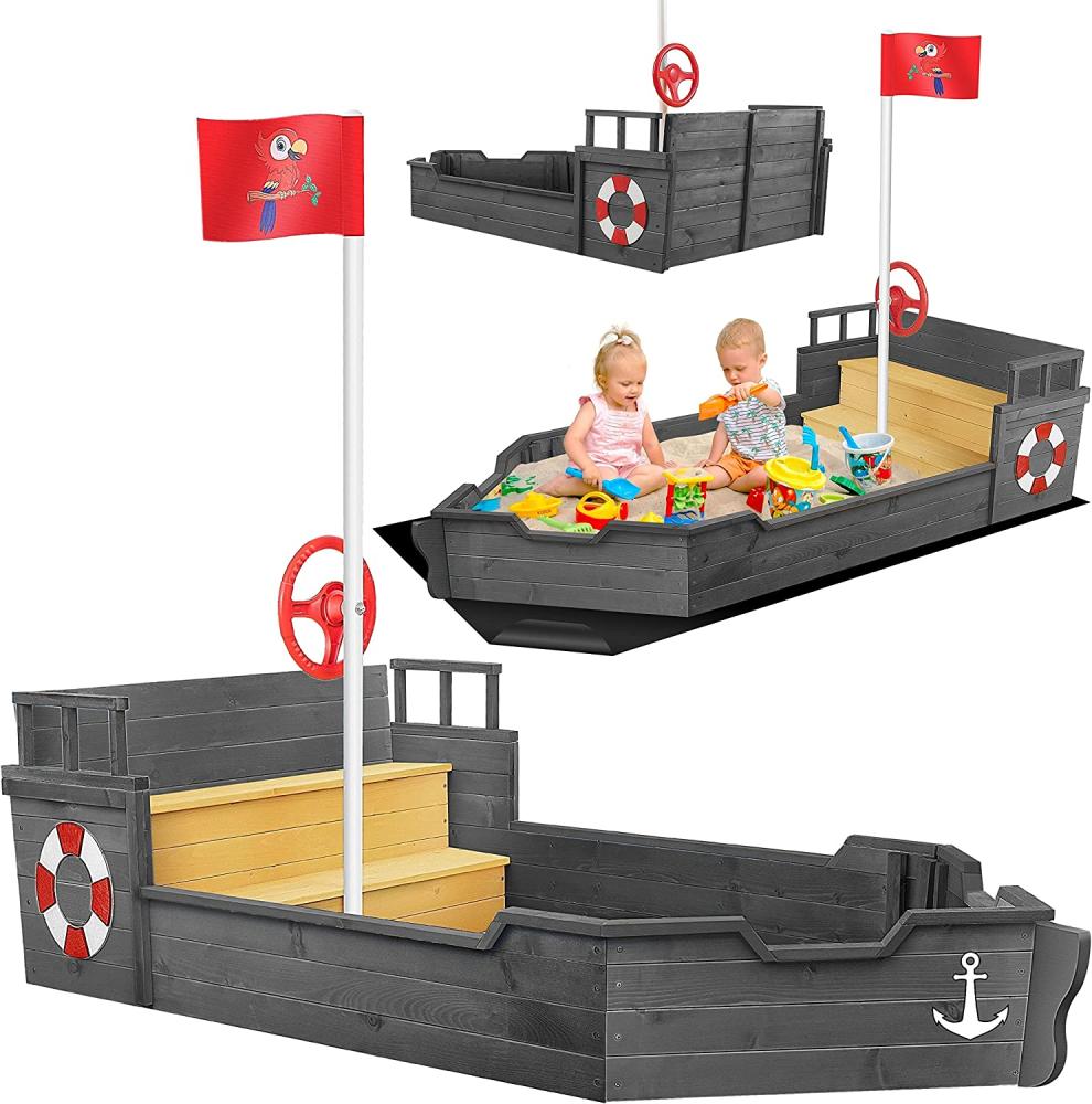 KIDIZ® Sandkasten Ahoi - Piratenschiff Boot Segelschiff aus Holz Inkl. Abdeckung, Bodenplane, Sitzbank, Flaggenmast, Sandspielzeug | Große Kinder Sandkiste für den Garten | Outdoor Sandbox Anthrazit Bild 1