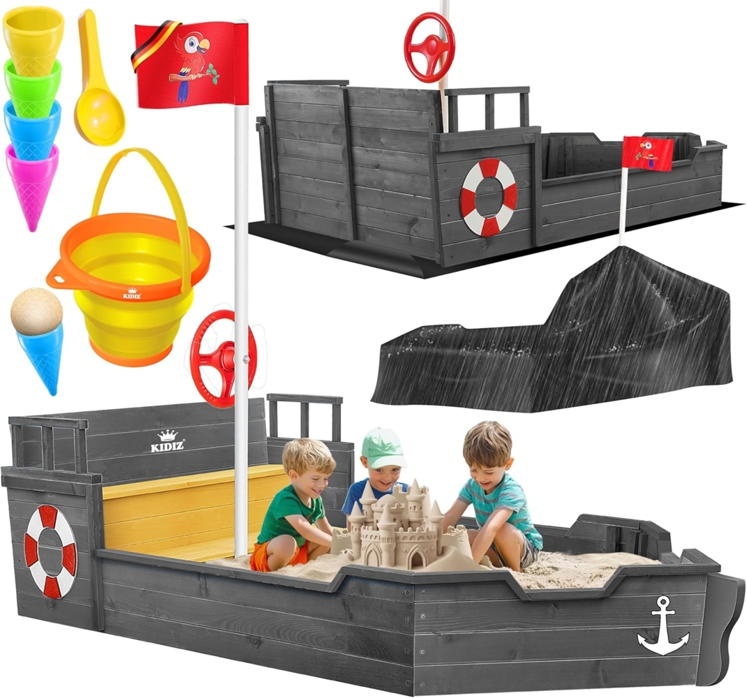 KIDIZ® Sandkasten Ahoi - Piratenschiff, Holz Anthrazit, 195 x 94 x 136 cm Bild 1