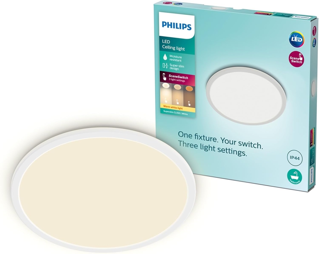 Philips Superslim CL550 Ceiling lamp Ø250 mm LED 15W 2700K SceneSwitch IP44, White Bild 1
