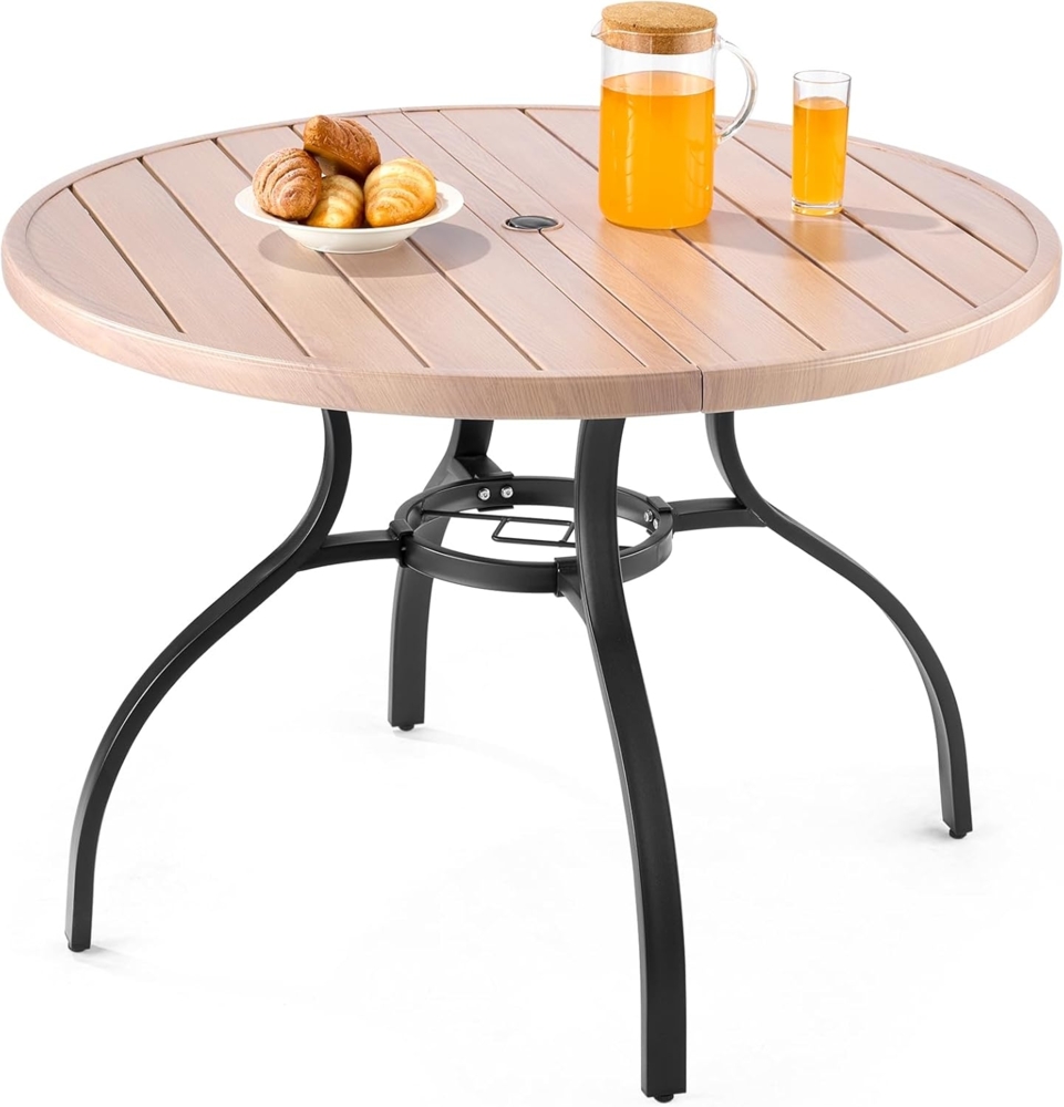 VEVOR Terrassentisch Gartentisch Balkontisch (1035x720 mm) aus Kohlenstoffstahl runder Esstisch für Outdoor Hof Terrasse Garten Veranda, wasserfest, mit Schirmloch & Holzmaserung, 68 kg Tragkraft Bild 1