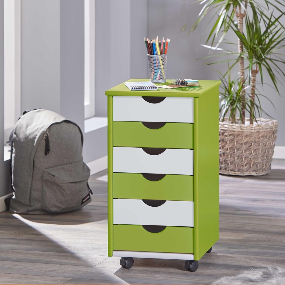 Inter Link – Rollcontainer – Rollcontainer mit 6 Schubladen – Bürocontainer - Rollschrank – Rollwagen – Schubladenkommode - Massiv Kieferholz – Grün/Weiß – BxTxH: 35 x 39 x 66 cm Bild 1