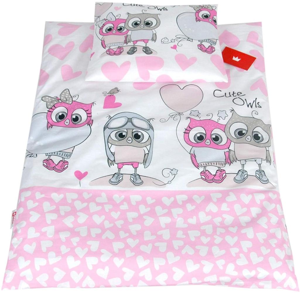 BABYLUX 2 tlg. Set Bezug für Kinderwagen Stubenwagen oder Wiege Garnitur Bettwäsche Kissen Decke 60 x 78 cm (103. Eule Rosa) Bild 1