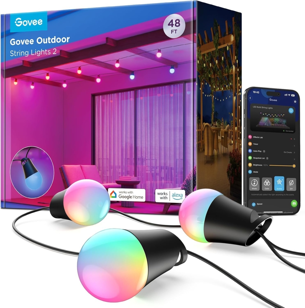Govee Smart Lichterkette Außen 2, 15M RGBIC Glühbirnen mit Dimmbaren Warmweißen LED Leuchtmitteln, 47 Szenenmodi für Terrasse, Hinterhof, IP65 Wasserdicht, Funktioniert mit Alexa, App-Steuerung Bild 1