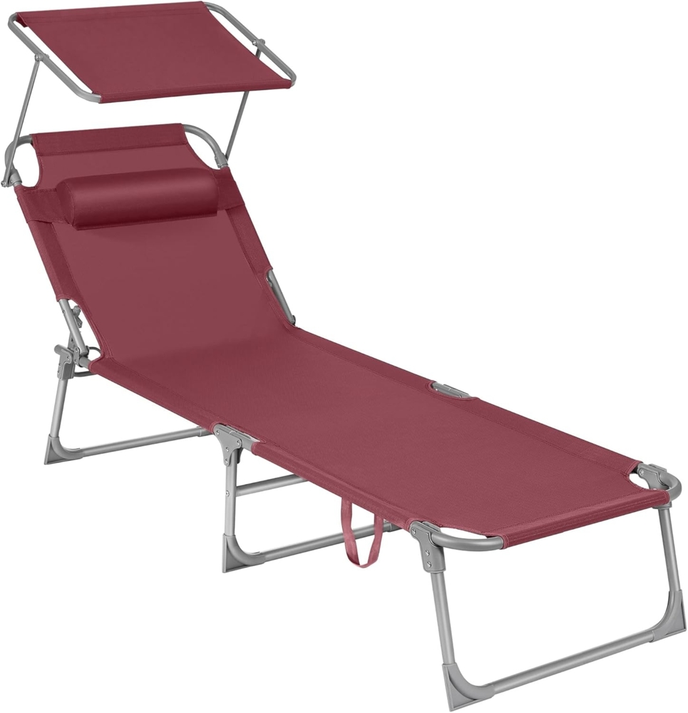 Sonnenliege, klappbarer Liegestuhl, 193 x 53 x 29 cm, max. Belastbarkeit 150 kg, mit Sonnenschutz, Kopfstütze und Verstellbarer Rückenlehne, für Garten, Pool, Terrasse, Rot, 1 Liege Bild 1