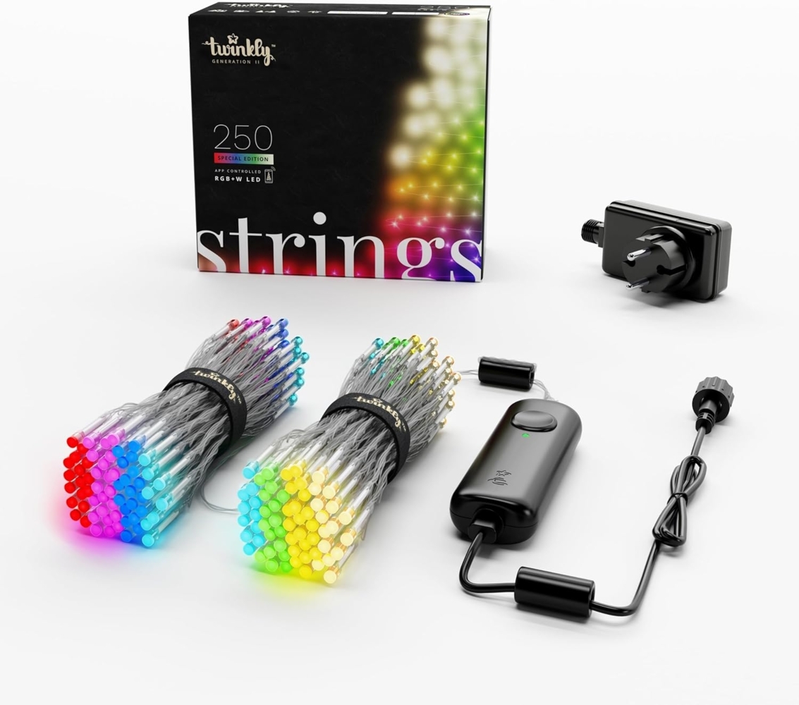 Twinkly Strings 250 LED RGB+ Weiß, LED-Lichterkette, Smarte LEDs für den Innen- und Außenbereich, Kompatibel mit Alexa und Google Home, IP44, Weihnachtsdeko, App-Steuerung, Transparentes Kabel, 20m Bild 1