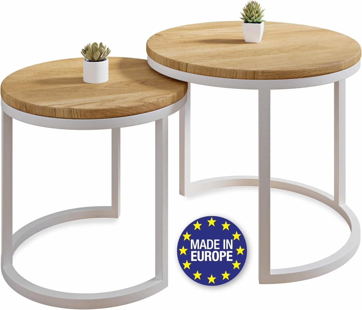 Lumarc Modena, 2er Set Couchtische handgefertigt aus Massivholz Eiche geölt im Industrial Minimalistisch Design, Rund, Ø50x43 cm / Ø40x38 cm Bild 1
