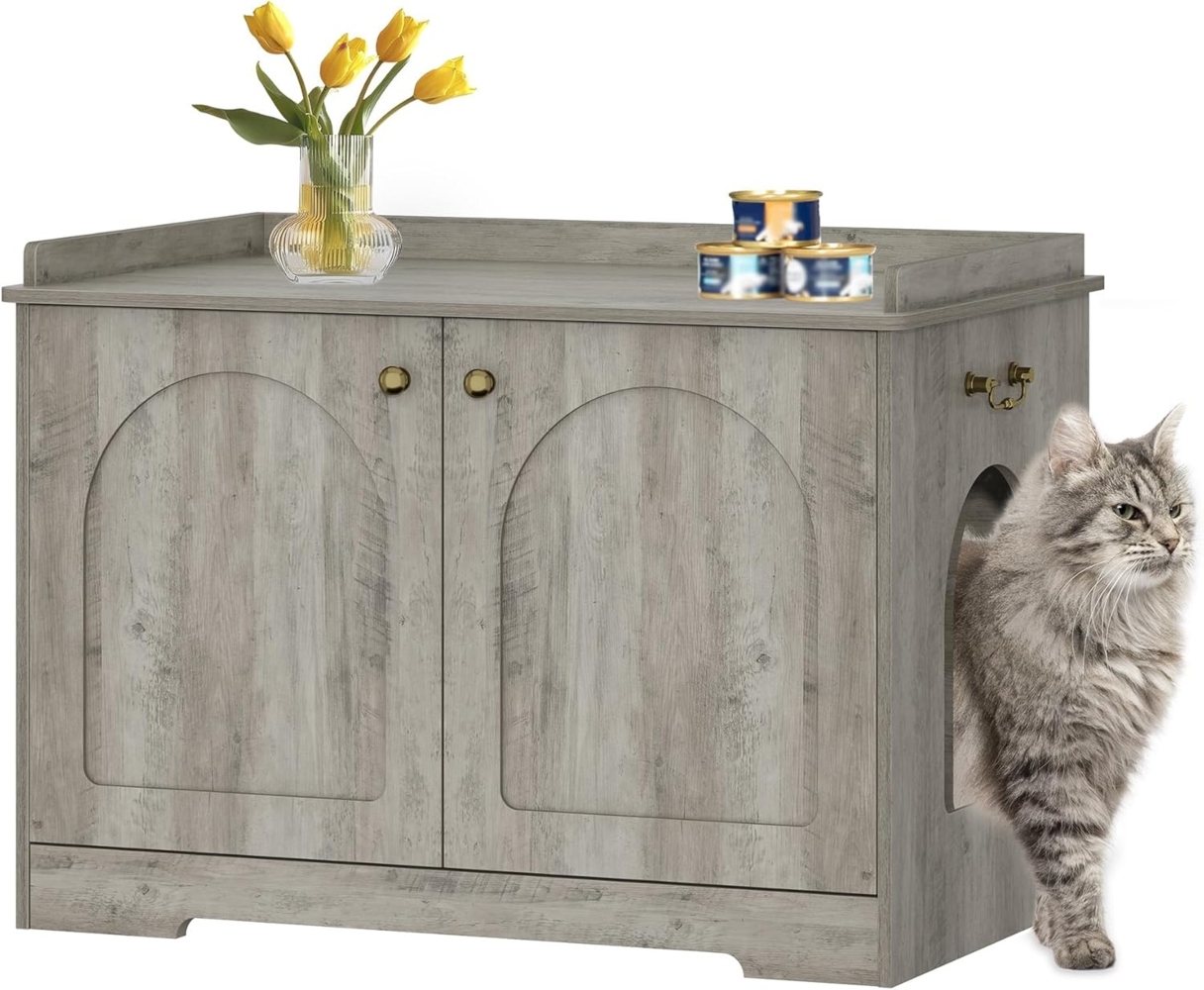 Hzuaneri Katzenschrank mit Griffen, Katzentoilette, Katzenhaus mit Tür, Hölzerner Beistelltisch, 50 x 80 x 57cm, Stabile Katzenschrank, Greige Bild 1