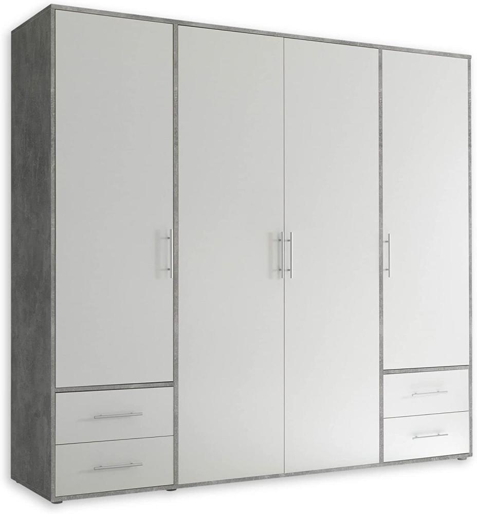 VALENCIA Kleiderschrank in Beton Optik, Weiß - Vielseitiger Drehtürenschrank 4-türig mit viel Stauraum für Ihr Schlafzimmer - 206 x 195 x 60 cm (B/H/T) Bild 1