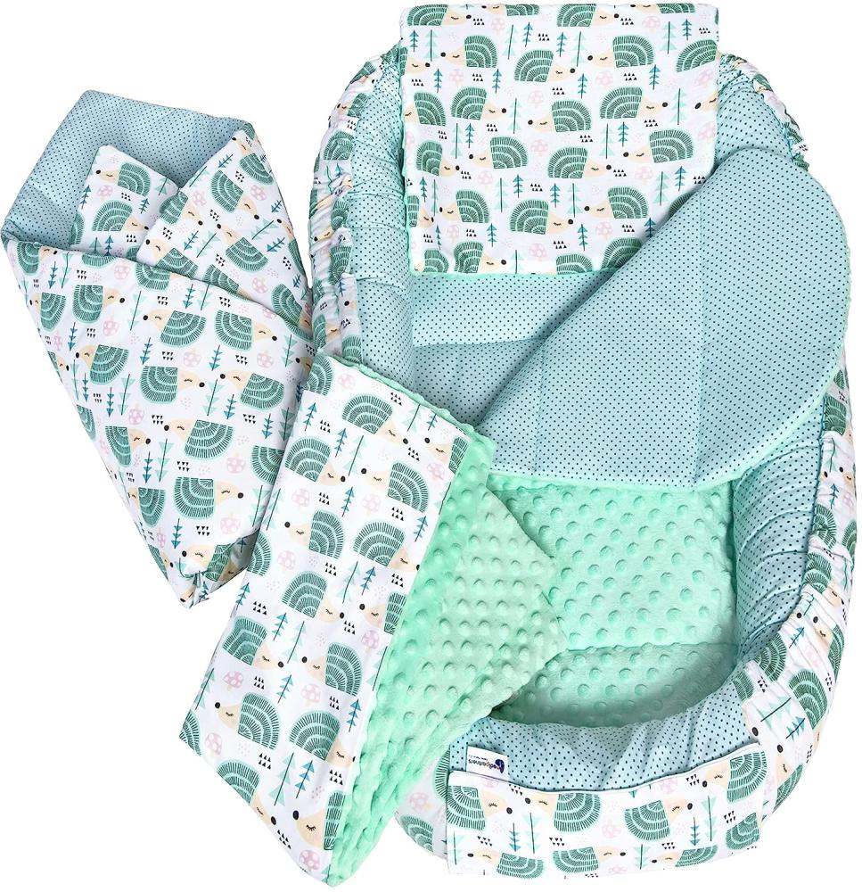 Medi Partners 5 teilig Babynestchen Set Babynest 100x60x15 herausnehmbarer Einsatz Bett Kuschelnest Krabbeldecke Babys Neugeborene 100% Baumwolle (Igel mit Mint Minky) Bild 1