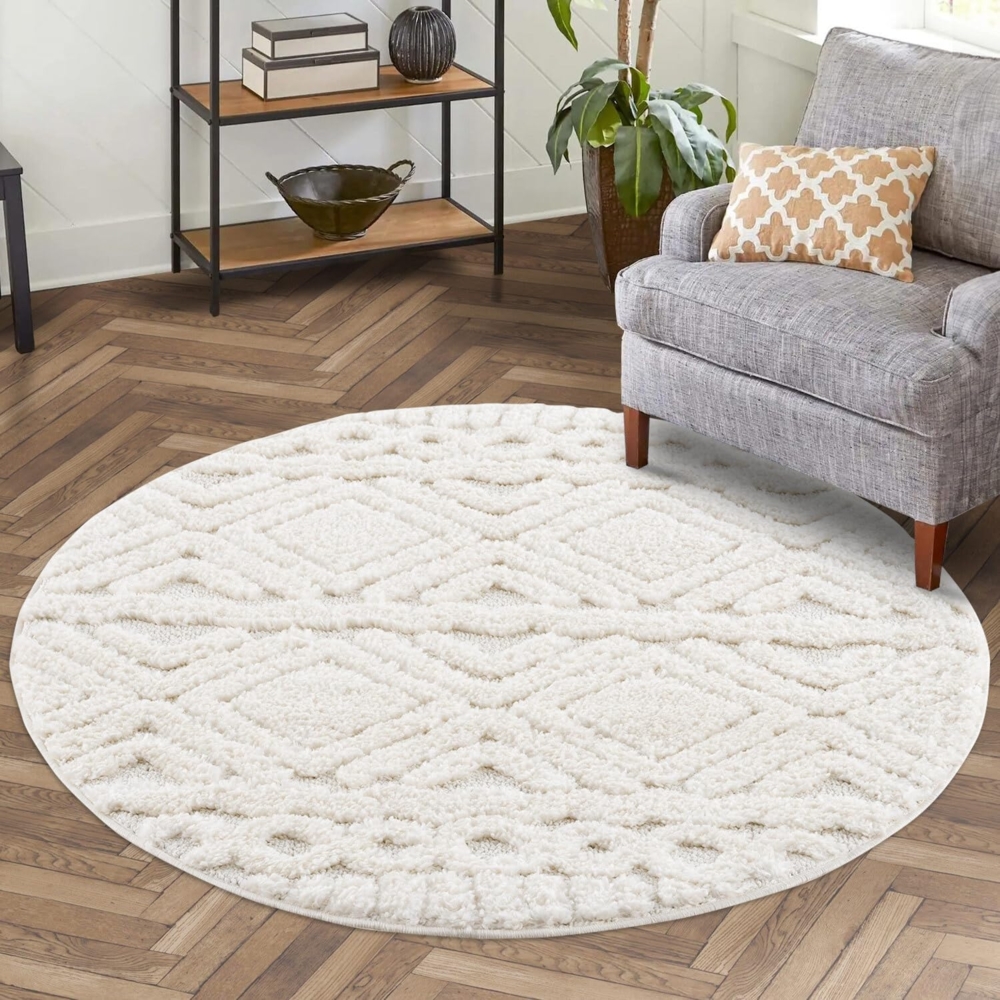 carpet city Teppich Hochflor Wohnzimmer - 160x160 cm Rund - Scandi, Landhaus-Stil Ethno Einfarbig Creme - Cut-Loop, Hochtief, 3D-Effekt - Shaggy Teppiche Flauschig-Weich Schlafzimmer Langflor Bild 1