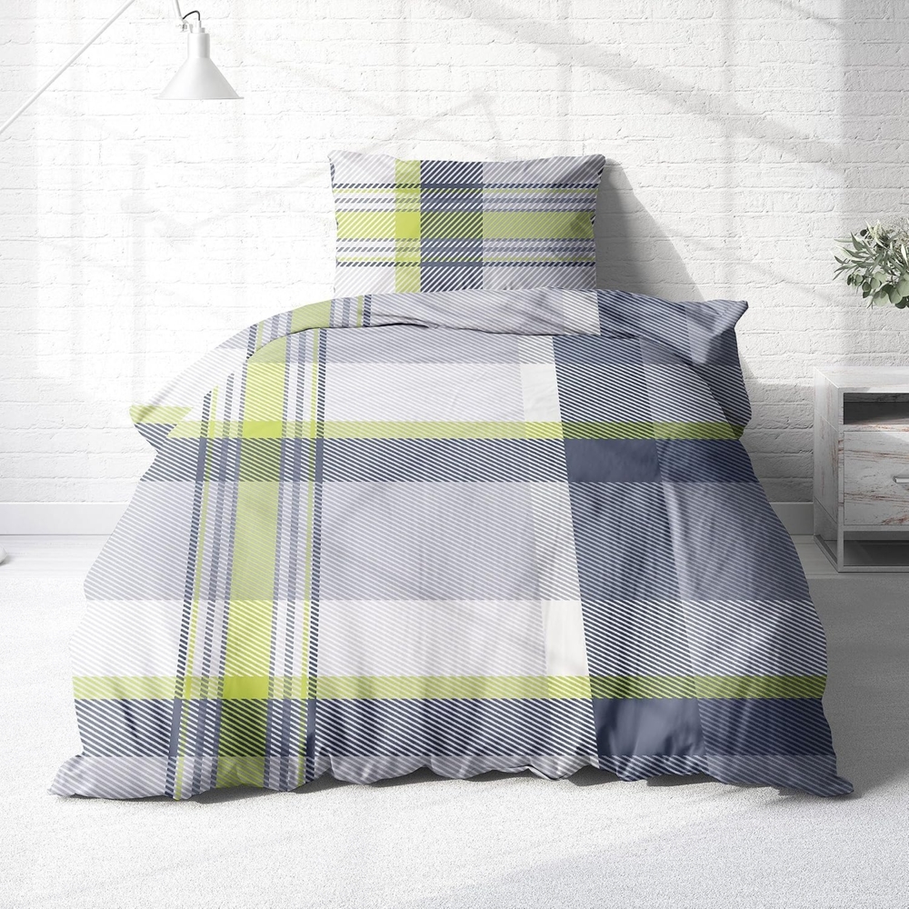 Träumschön Bettwäsche Biber 135x200 oder 155x220 cm, grau grün kariert, Biber, 2 teilig, mit Reißverschluss, 100% Baumwolle, kuschelig warm im Winter Bild 1