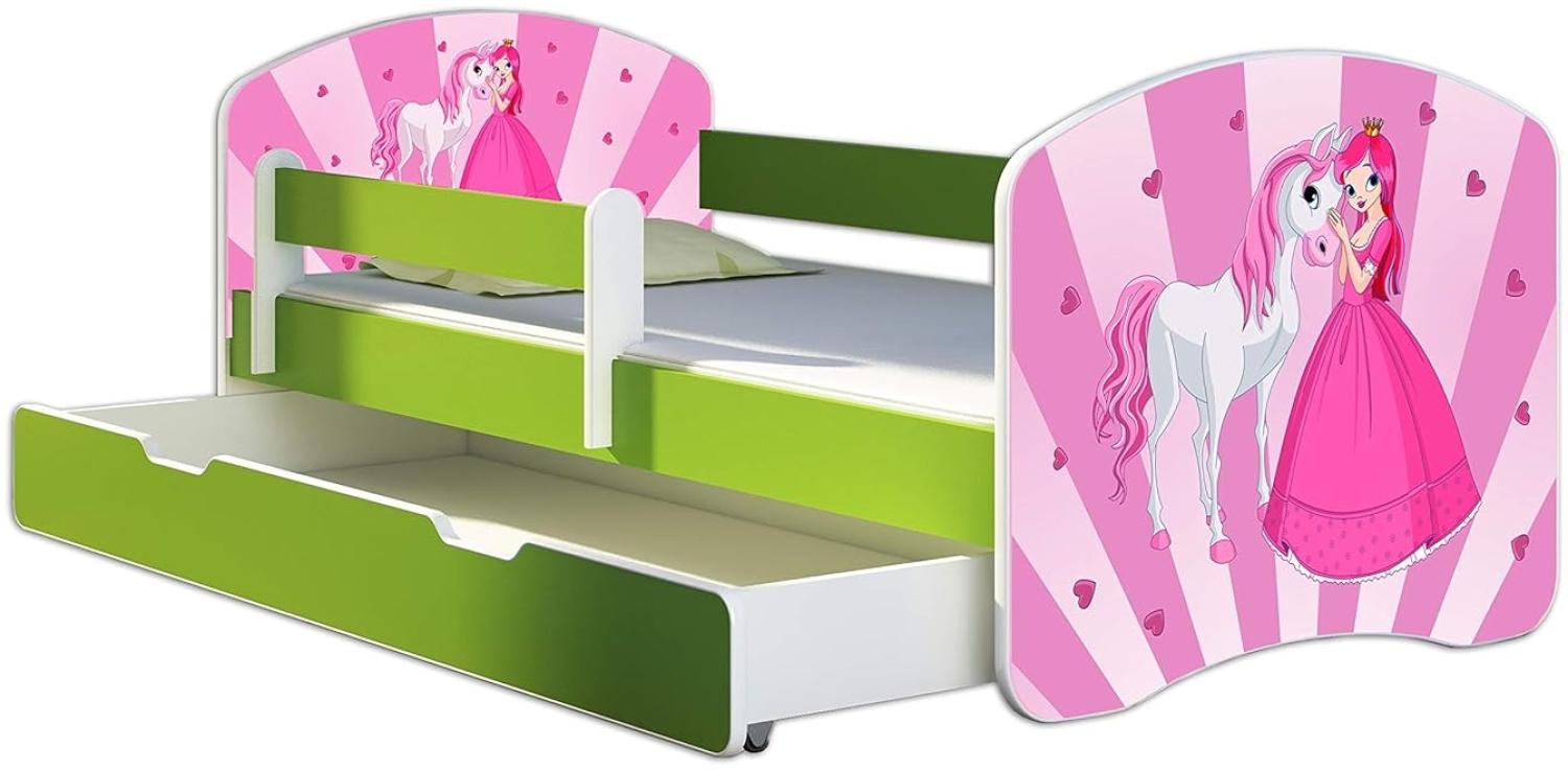 ACMA Kinderbett Jugendbett mit Einer Schublade und Matratze Grün mit Rausfallschutz Lattenrost II 140x70 160x80 180x80 (08 Princess, 180x80 + Bettkasten) Bild 1