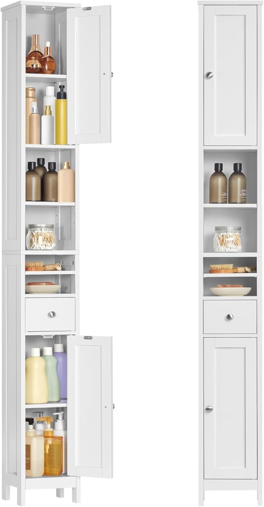 VASAGLE Badezimmerschrank, Badschrank, hoch, schmaler Aufbewahrungsschrank, mit verstellbaren Ablagen, Schublade, offenen Fächern, für kleine Räume, modern Bild 1