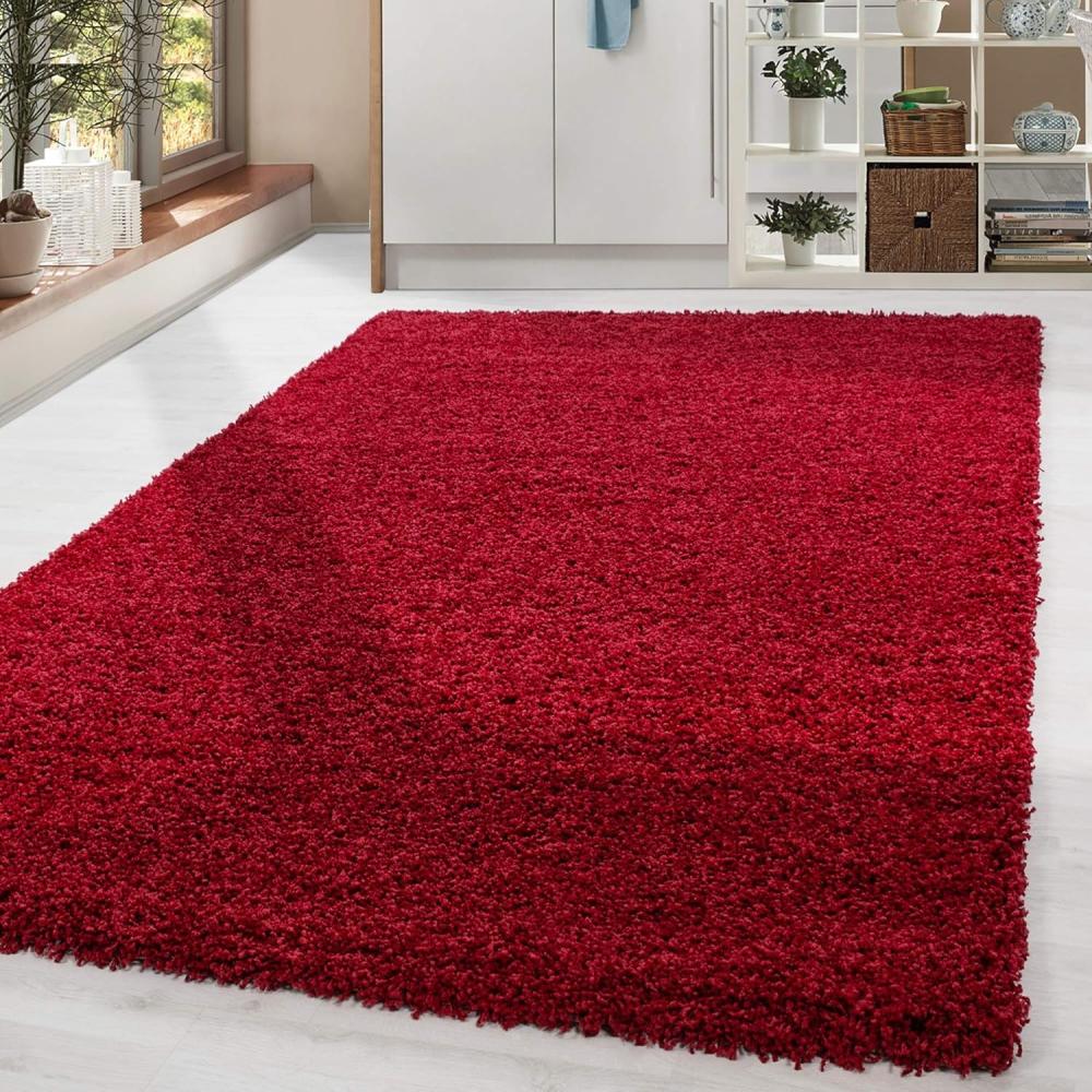 HomebyHome Shaggy Hochflor Wohnzimmerteppich Läufer 80x250 cm Rot - Flur Teppich Flauschig, Modern, Plüsch und Extra Weich - Ideal als Bettvorleger im Schlafzimmer und als Küchenläufer Bild 1