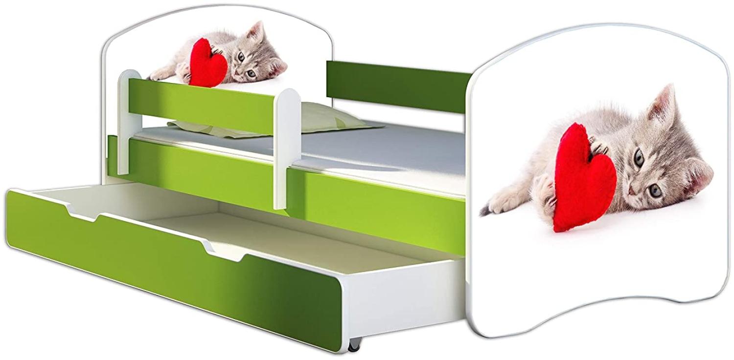 ACMA Kinderbett Jugendbett mit Einer Schublade und Matratze Grün mit Rausfallschutz Lattenrost II 140x70 160x80 180x80 (40 Katze mit Herz, 140x70 + Bettkasten) Bild 1