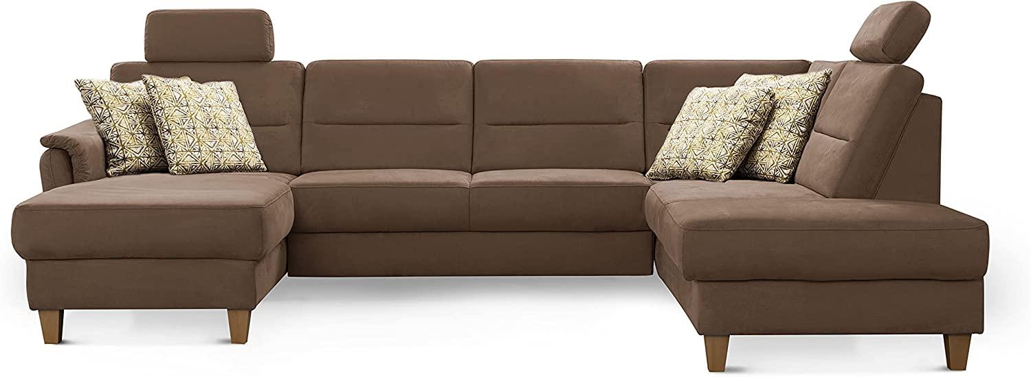 CAVADORE Wohnlandschaft Palera / U-Form Federkern-Sofa mit Schlaffunktion, Stauraum und 2 Kopfstützen / 314 x 89 x 212 / Mikrofaser, Hellbraun Bild 1