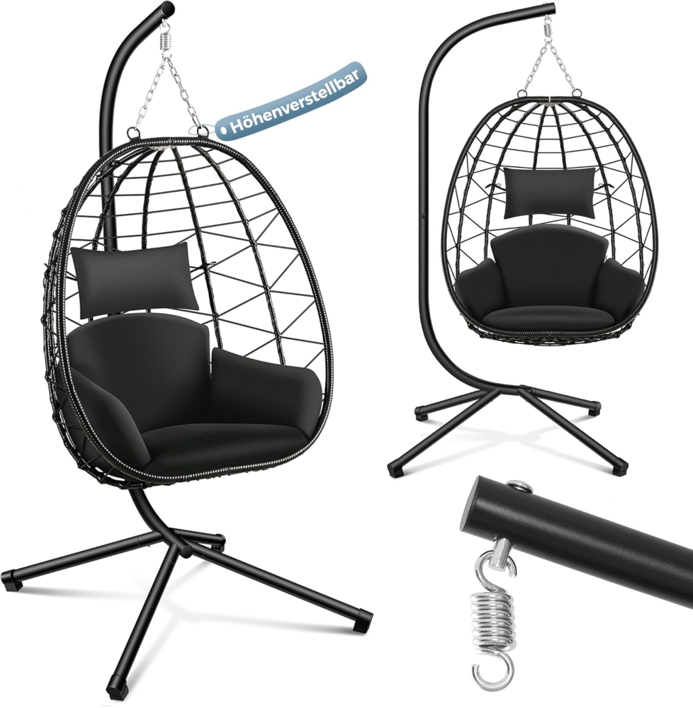 Makika Hängesessel mit Gestell, höhenverstellbar aus Polyrattan, Schwarz, 95 x 93 x 197 cm Bild 1