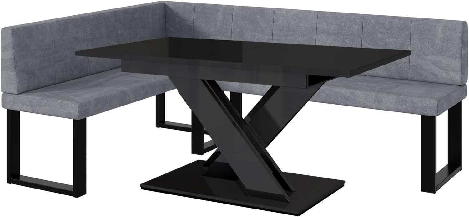 MEBLINI Eckbank für Esszimmer mit ausziehbarem Tisch - Küchenbank - Essecke - Sitzecke Küche - PETER - U-Beine 142x196x87cm Links - Grau Samt/B Schwarz Hochgl. Bild 1