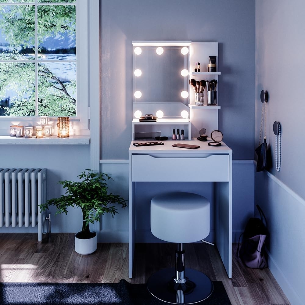 Vicco Schminktisch Weiß 60 cm mit LED Beleuchtung und Hocker, Ruben Bild 1