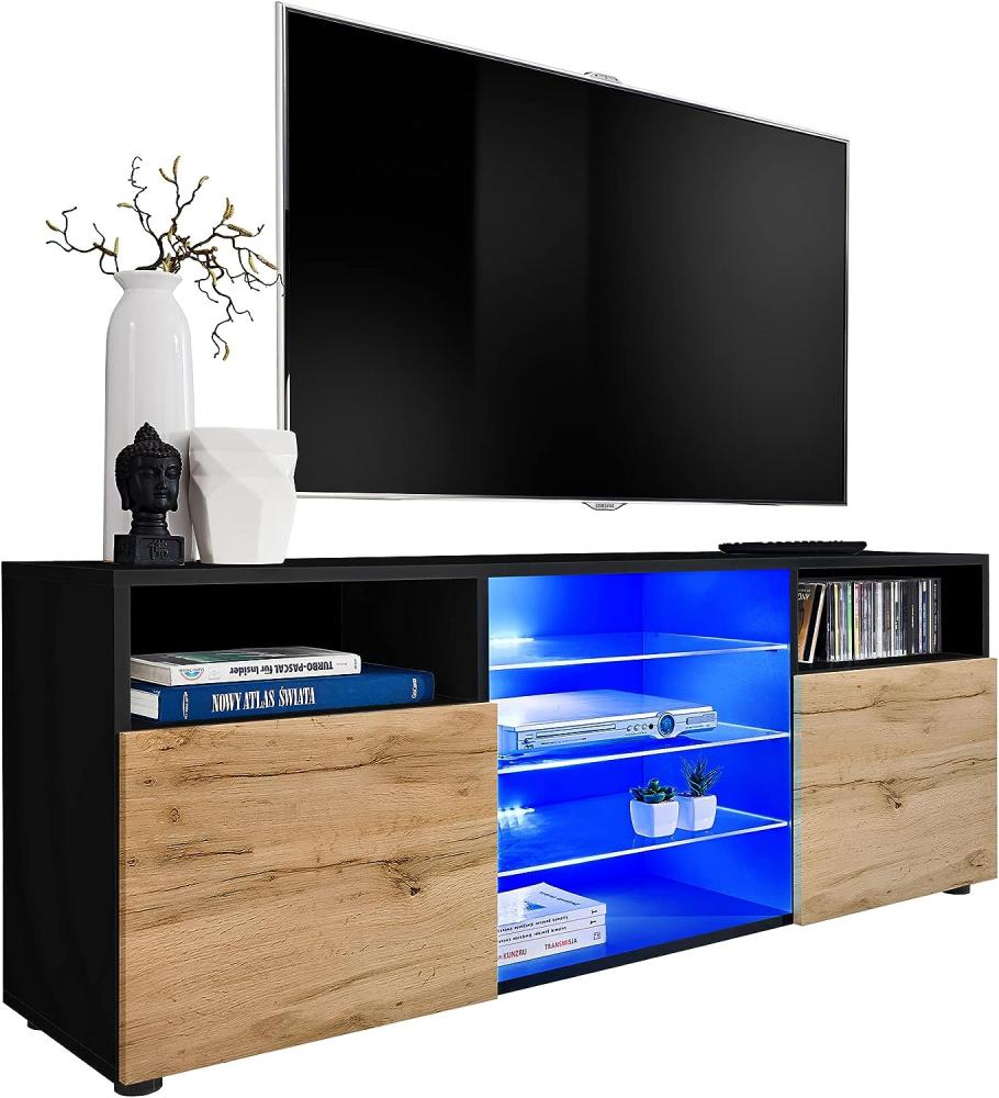 ExtremeFurniture T38 TV Lowboard, Karkasse in Schwarz Matt/Front in Wotan Matt mit LED in Blau Bild 1