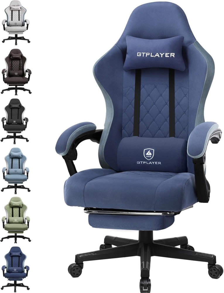 GTPLAYER Gaming Stuhl Ergonomischer Gaming Sessel Schreibtischstuhl mit Stoffoberfläche, Federsitzkissen, Verbindungsarmlehnen und Fußstütze blau Bild 1