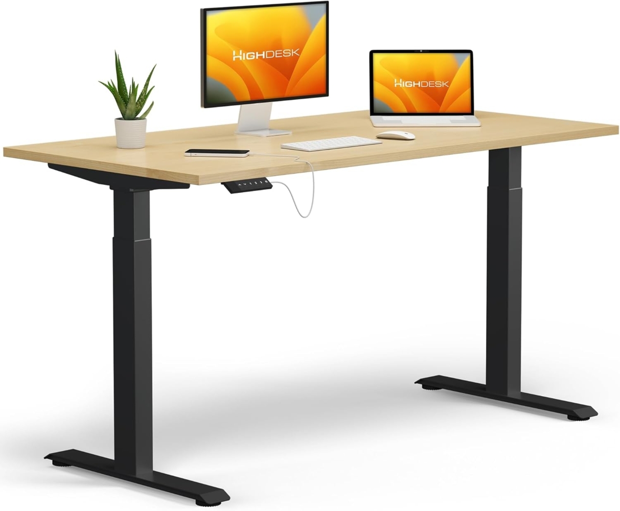 KRIEG HighDesk Basic Höhenverstellbarer Schreibtisch (200x80 cm I Schwarz + Ahorn) - Elektrischer Sitz- & Stehtisch mit Tischplatte - Stehschreibtisch Elektrisch Höhenverstellbar Bild 1