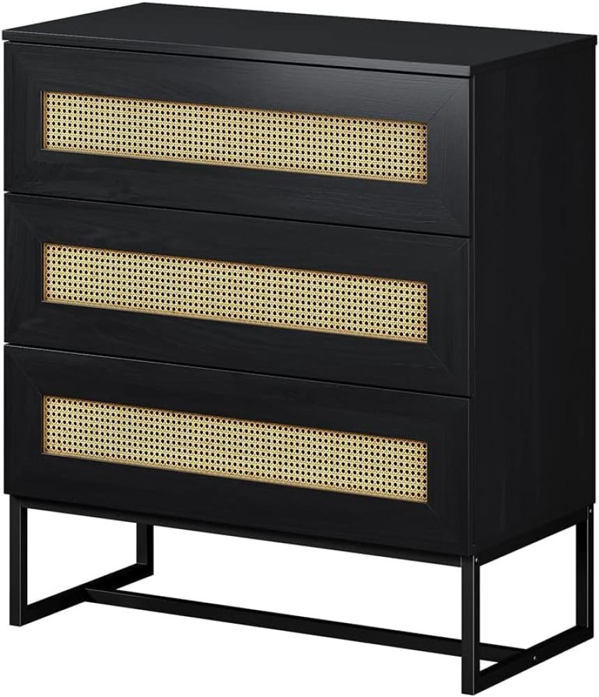 Selsey KERALS Kommode - Sideboard mit 3 Schubladen in Schwarz mit Rattan-Einsätzen und Metallfüßen, 80 cm breit Bild 1