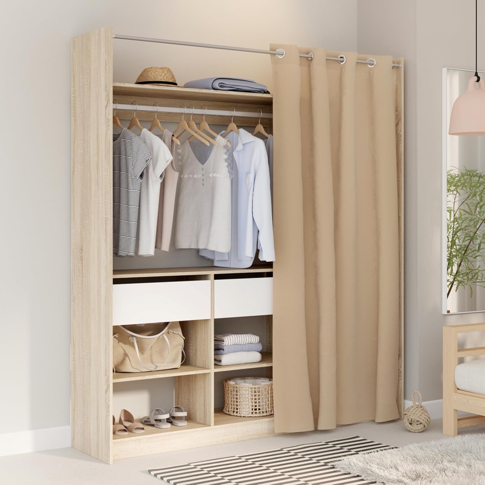 FORTE LYTTELON Kleiderschrank 180, Innovaties Schranksystem mit Vorhang in Beige, offene Stauraumfläche, Holzwerkstoff, Eiche Dekor, 180 cm breit, 200 cm hoch, 42 cm tief Bild 1