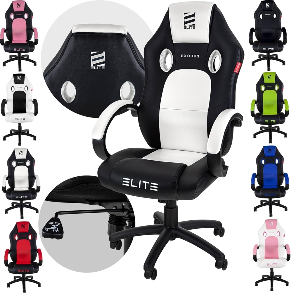 ELITE Gaming Stuhl MG100 EXODUS - Ergonomischer Bürostuhl - Schreibtischstuhl - Chefsessel - Sessel - Racing Gaming-Stuhl - Gamingstuhl - Drehstuhl - Chair - Kunstleder Sportsitz (Schwarz/Weiß) Bild 1