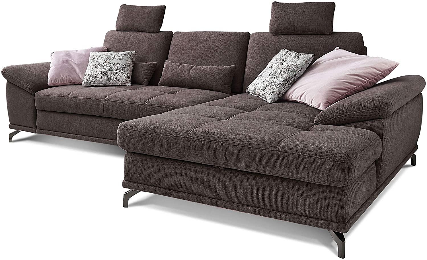 Cavadore Schlafsofa Castiel mit Federkern / Großes Bettsofa in L-Form mit Bettkasten, Sitztiefenverstellung, Kopfstützen und XL-Longchair / 312 x 114 x 173 / Webstoff, Dunkelbraun Bild 1