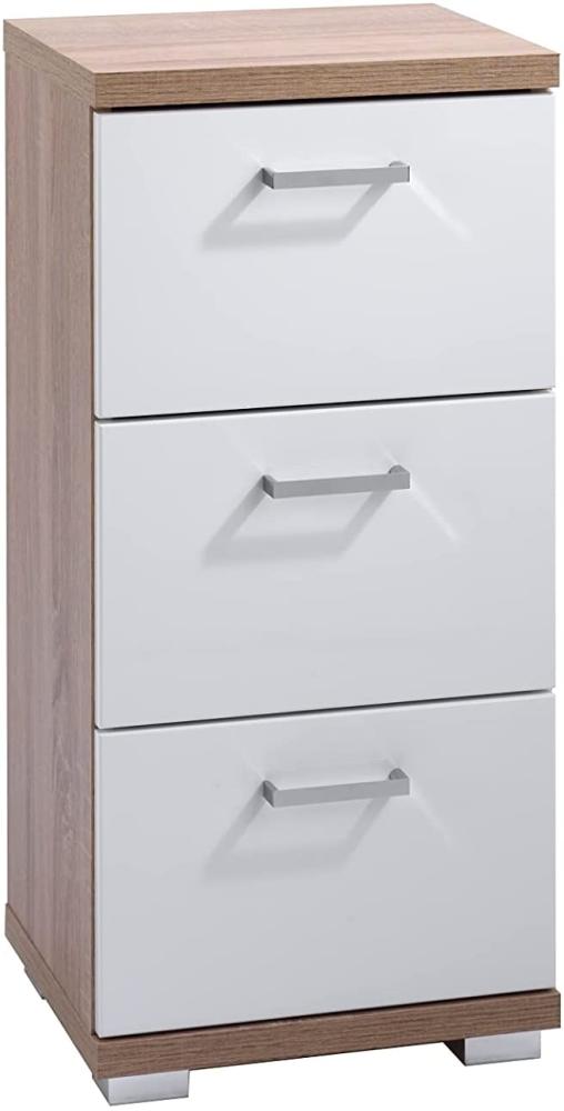 byLIVING Badezimmer Seitenschrank NEBRASKA in Sonoma Eiche Hochglanz weiß lackiert / Kleiner Badschrank mit 3 Schubladen und silberfarbenen Griffen / B 35,5, H 74, T 31,5 cm Bild 1