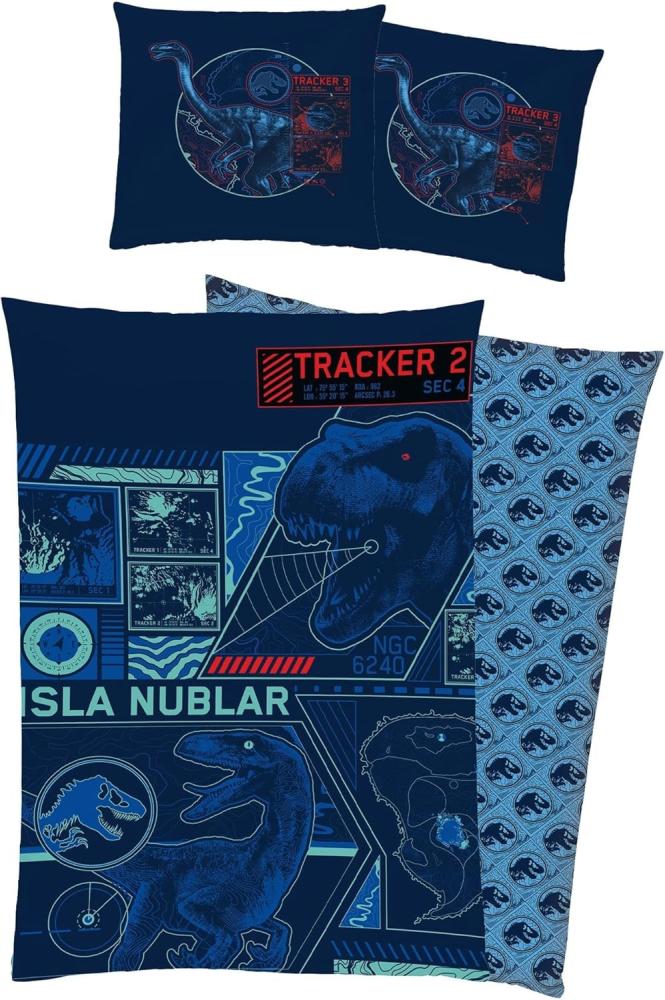 BERONAGE Kinderbettwäsche Jurassic World Tracker Bettwäsche Biber / Flanell, 100% Baumwolle, 2 teilig, 135x200 + 80x80 cm Bild 1