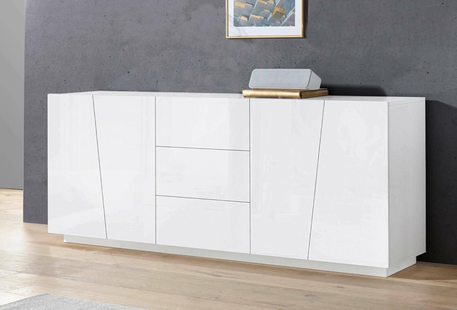 Dmora - Kommode Sven, Küchen-Sideboard mit 4 Türen und 3 Schubladen, Wohnzimmer-Buffet, 100 % Made in Italy, 220 x 43 x 86 cm, glänzendes Weiß, Bild 1