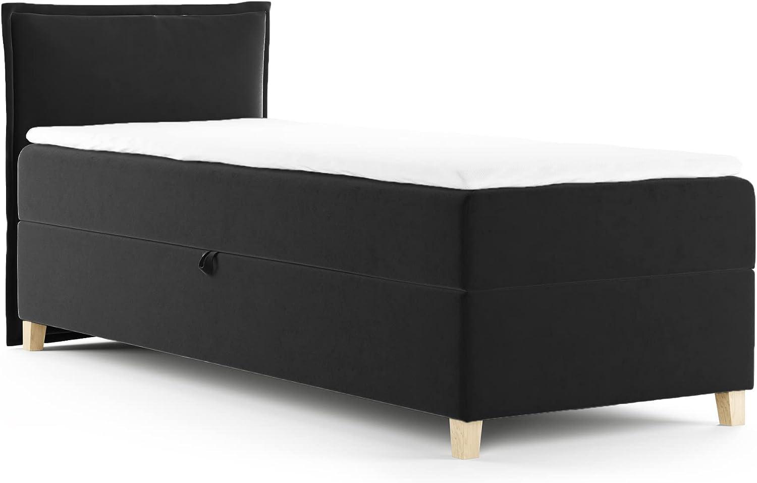 Boxspringbett Fren Mini mit Bettkasten - Einzelbett mit Bonell-Matratze und Topper, Polsterbett mit Holzfüße, Bett, Kinderzimmer (Schwarz (Kronos 07), 80x200 cm) Bild 1