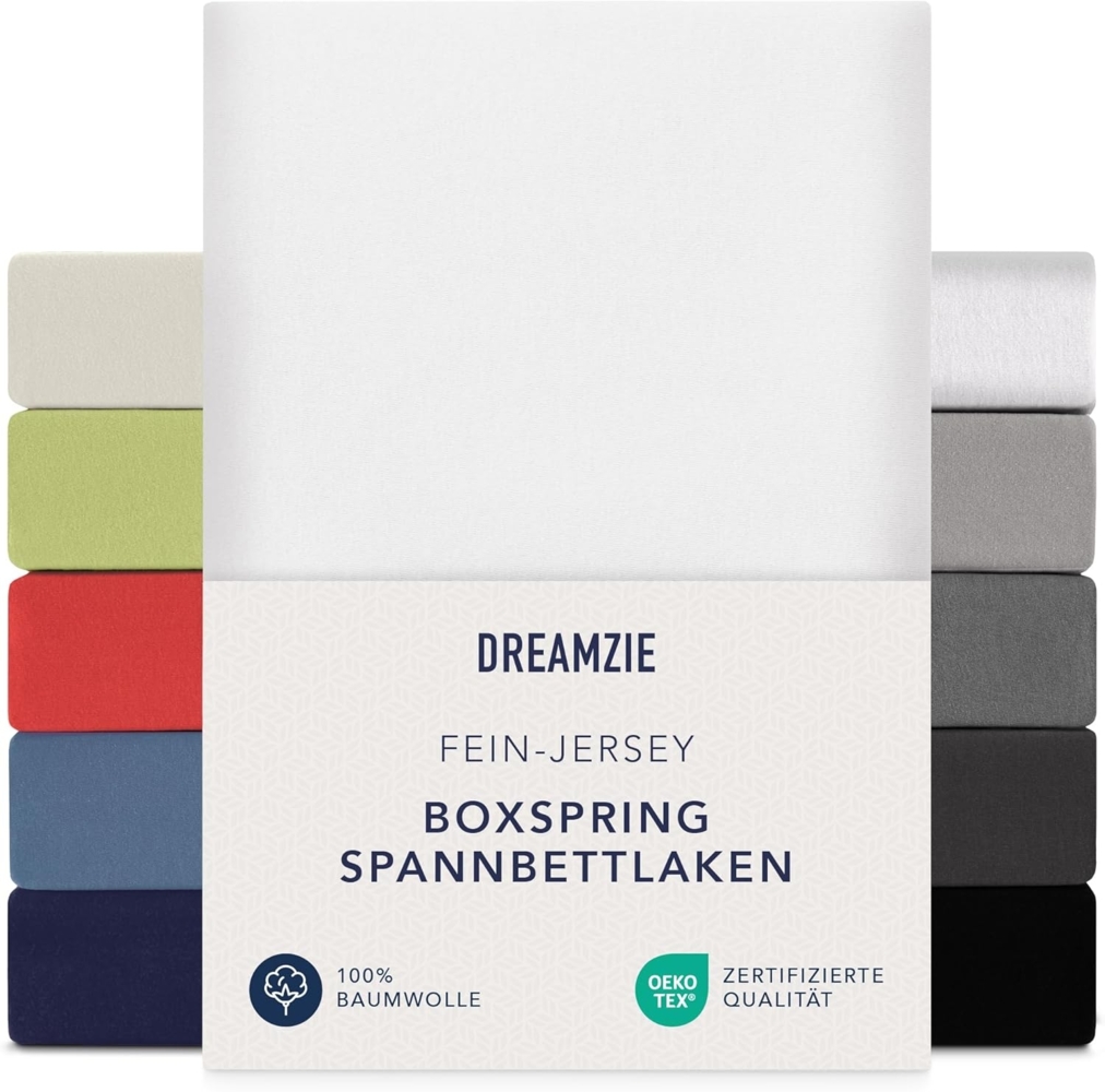 Dreamzie Premium Spannbettlaken 140x200 cm - 160x200 cm - 37cm Seitenhöhe - auch für Boxspringbett & Wasserbett - Bettlaken Boxspringbett 100% Jersey Baumwolle, 150 g/m² - Oeko-TEX - Weiß Bild 1