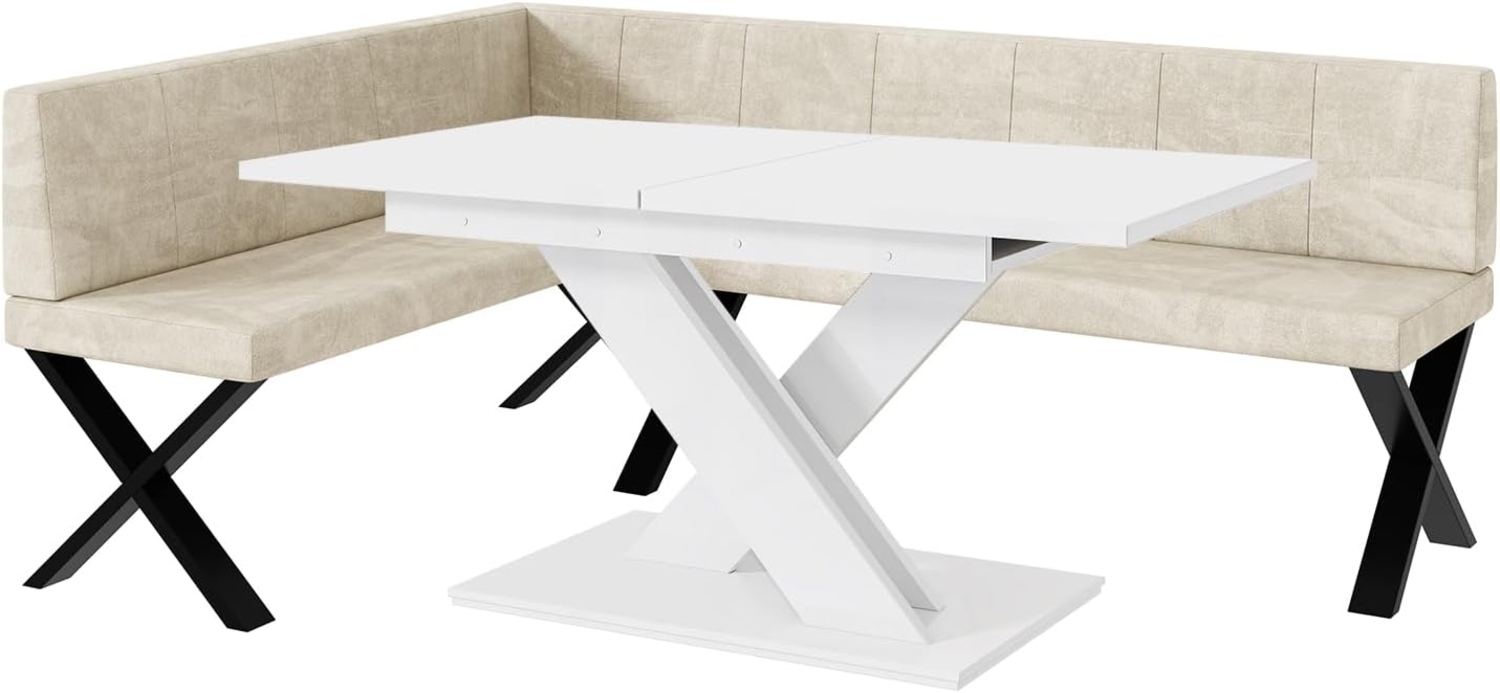 MEBLINI Eckbank für Esszimmer mit ausziehbarem Tisch - Küchenbank - Essecke - Sitzecke Küche - PETER - X-Beine 142x196x87cm Links - Creme Samt/B Weiß Matt Bild 1