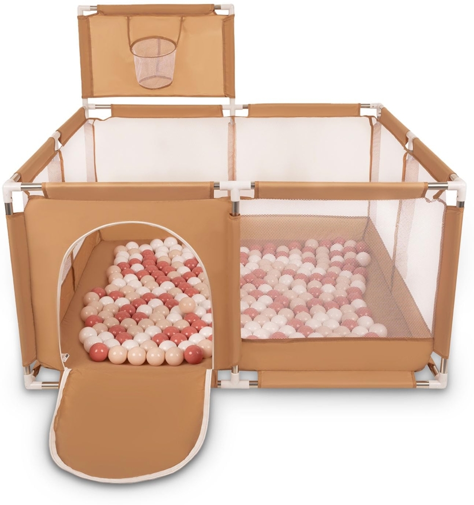 Selonis Laufstall Mit Korb Und 400 Bälle Laufgitter Für Kinder, Beige:Pastellbeige/Lachsfarben/Weiß Bild 1