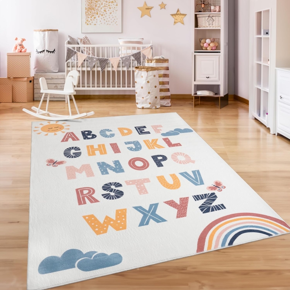 Paco Home Teppich Kinderzimmer Kinderteppich Spielteppich Kurzflor rutschfest Krone Herzen Punkte Sonne Regenbogen Buchstaben, Grösse:140x200 cm, Farbe:Bunt Bild 1